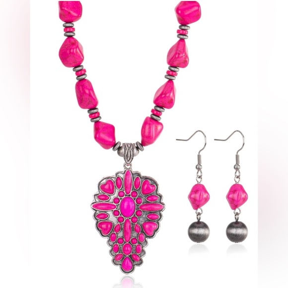 Montana West Jewelry - Rustic Couture's Western Necklace/Earrings Jewelry Set Synthetic Pink Turquoise